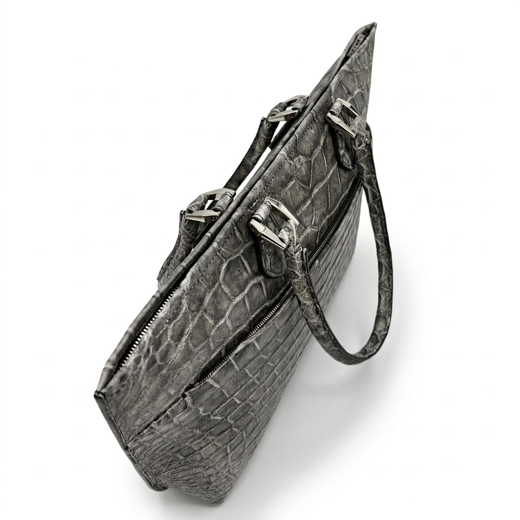 【クロコダイルポロサス 墨染め】ワニ革墨染めビッグトートバッグ- Crocodile Porosus SUMI Big Tote Bag