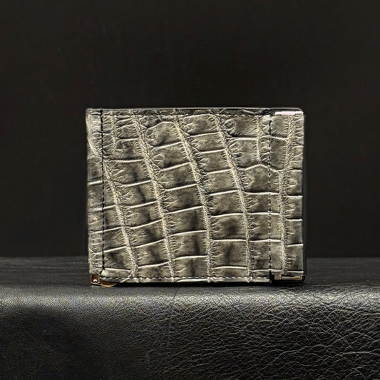 【クロコダイルポロサス】鰐革マネークリップウォレット 墨染め-Crocodile Porosus  SUMI Money Clip Wallet