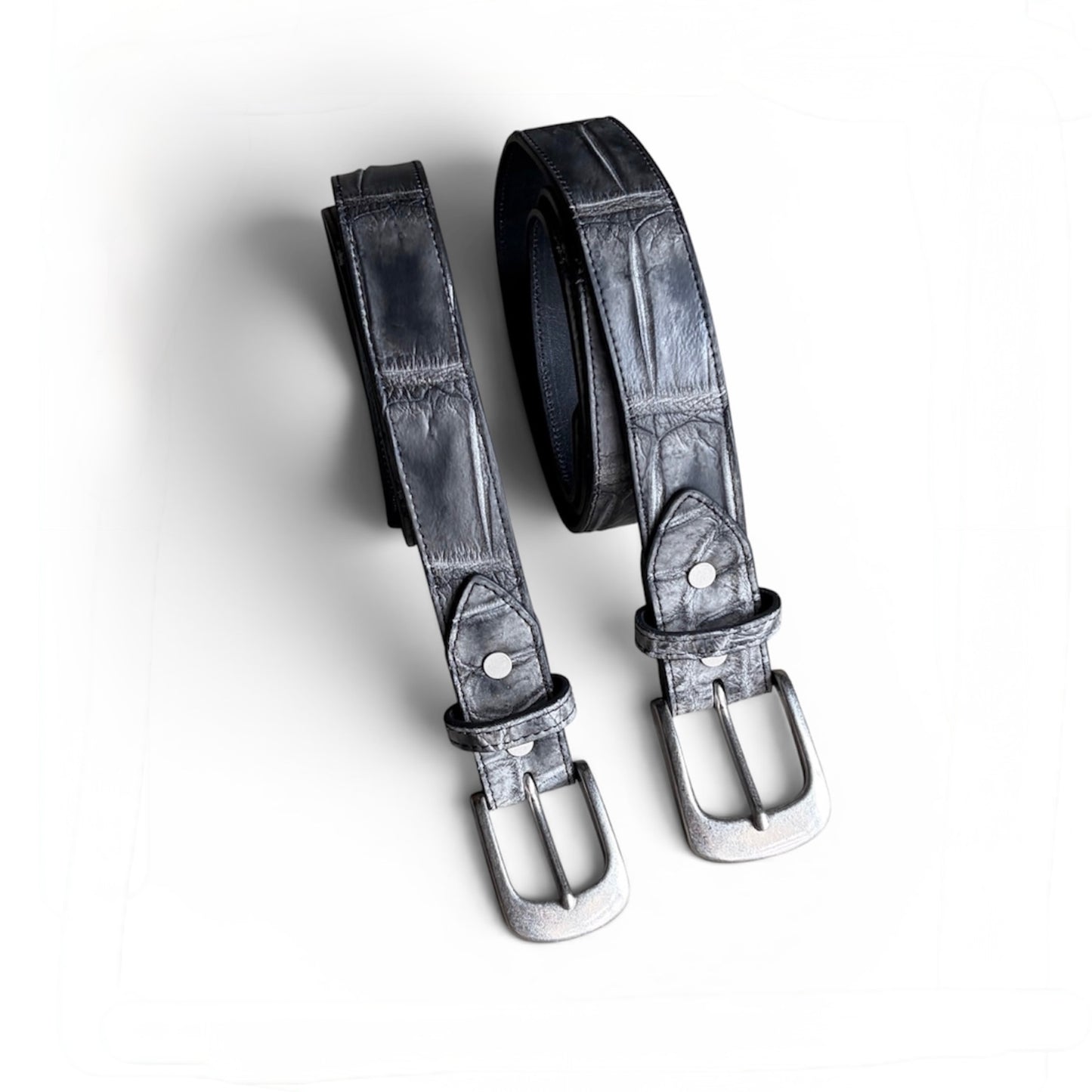 クロコダイルポロサス【墨染め】レザーベルト/ニッケルつや消しバックル -Crocodile Porosus SUMI Leather Belt-