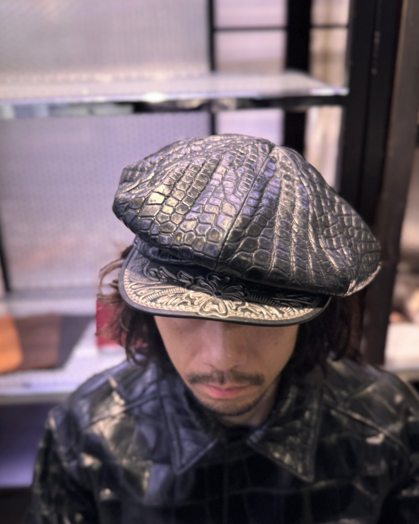 SOTOMI×ATSU CROCODILE POROSUS Casquette "Peanut Flower" PLATINUM【クロコダイル/ポロサス/キャスケット/カービング/プラチナ】