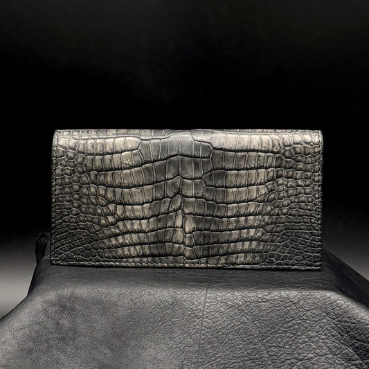 【クロコダイルポロサス】 ワニ革墨染二つ折り長財布-Long Wallet