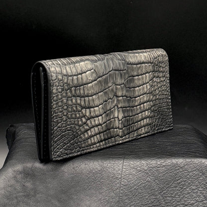 【クロコダイルポロサス】 ワニ革墨染二つ折り長財布-Long Wallet