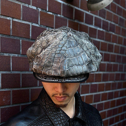 SOTOMI×ATSU CROCODILE POROSUS SUMI Casquette "Peanut Flower" PLATINUM【クロコダイルポロサス/墨染め/キャスケット/カービング/プラチナ】