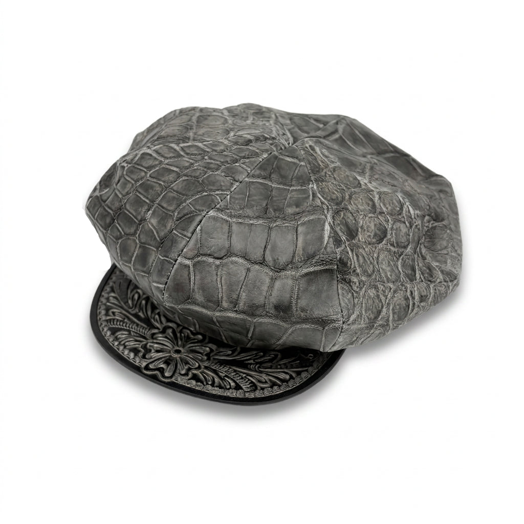 SOTOMI×ATSU CROCODILE POROSUS SUMI Casquette "Peanut Flower" PLATINUM【クロコダイルポロサス/墨染め/キャスケット/カービング/プラチナ】
