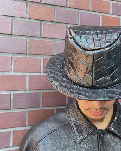 SOTOMI×ATSU CROCODILE POROSUS "Feather" HAT PLATINUM【クロコダイルポロサス/ブラック/ハット/カービング/プラチナ】